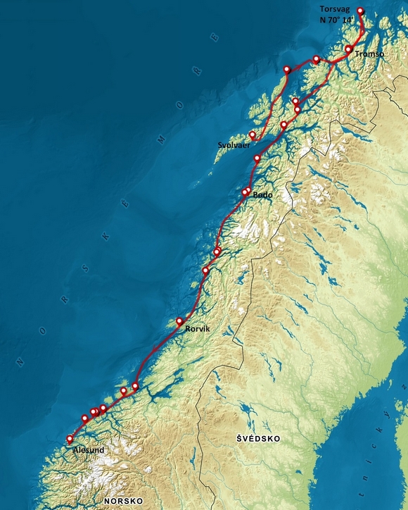 z Lofot na sever (70 ° 14 ' N) a pak do Ålesundu